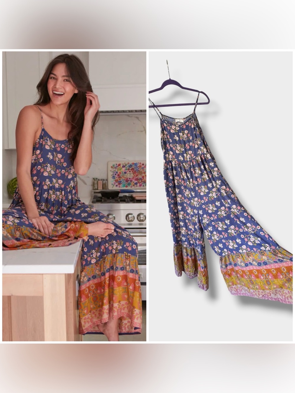 NATURAL LIFE Navy Floral Tiered Wide-Leg Jumpsuit with Colorful Border, Small